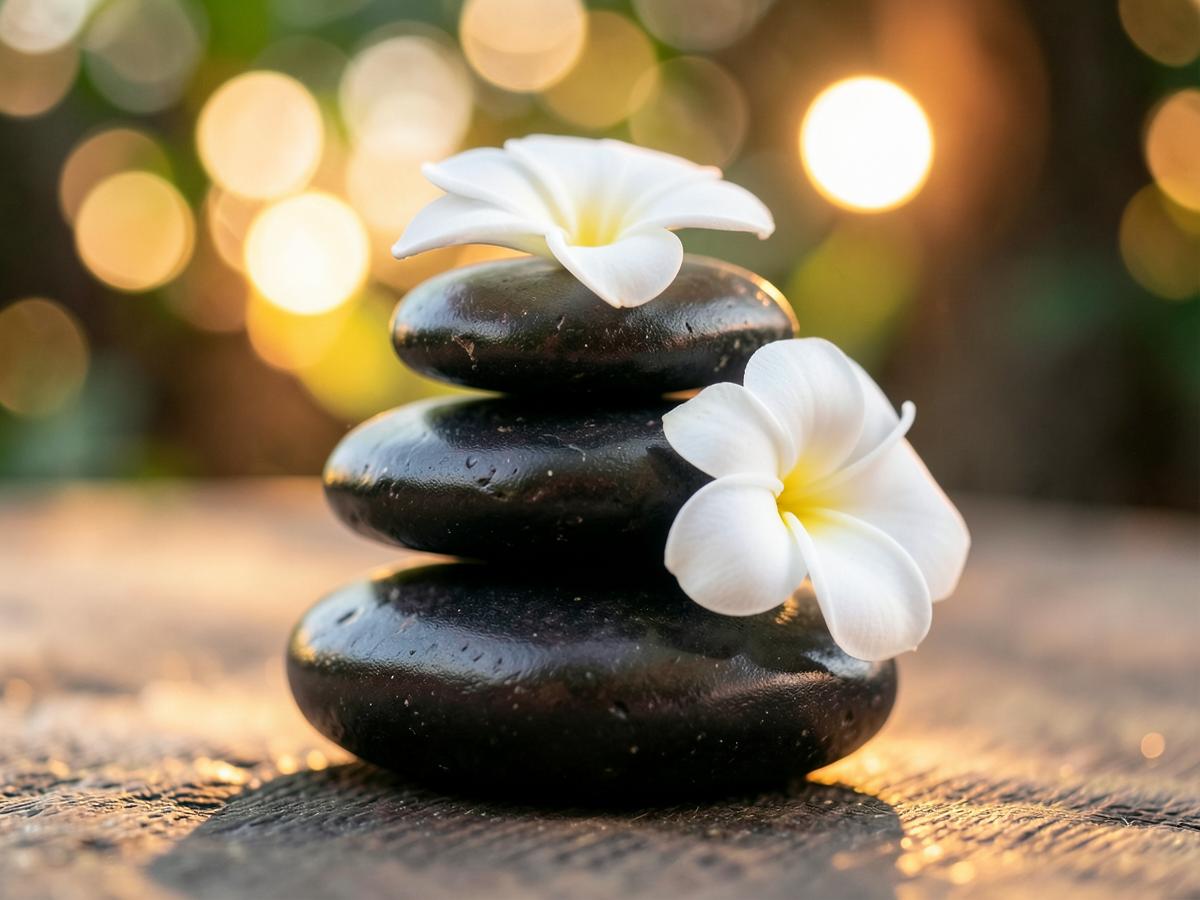 Hot stones and flower used in holistic treatments