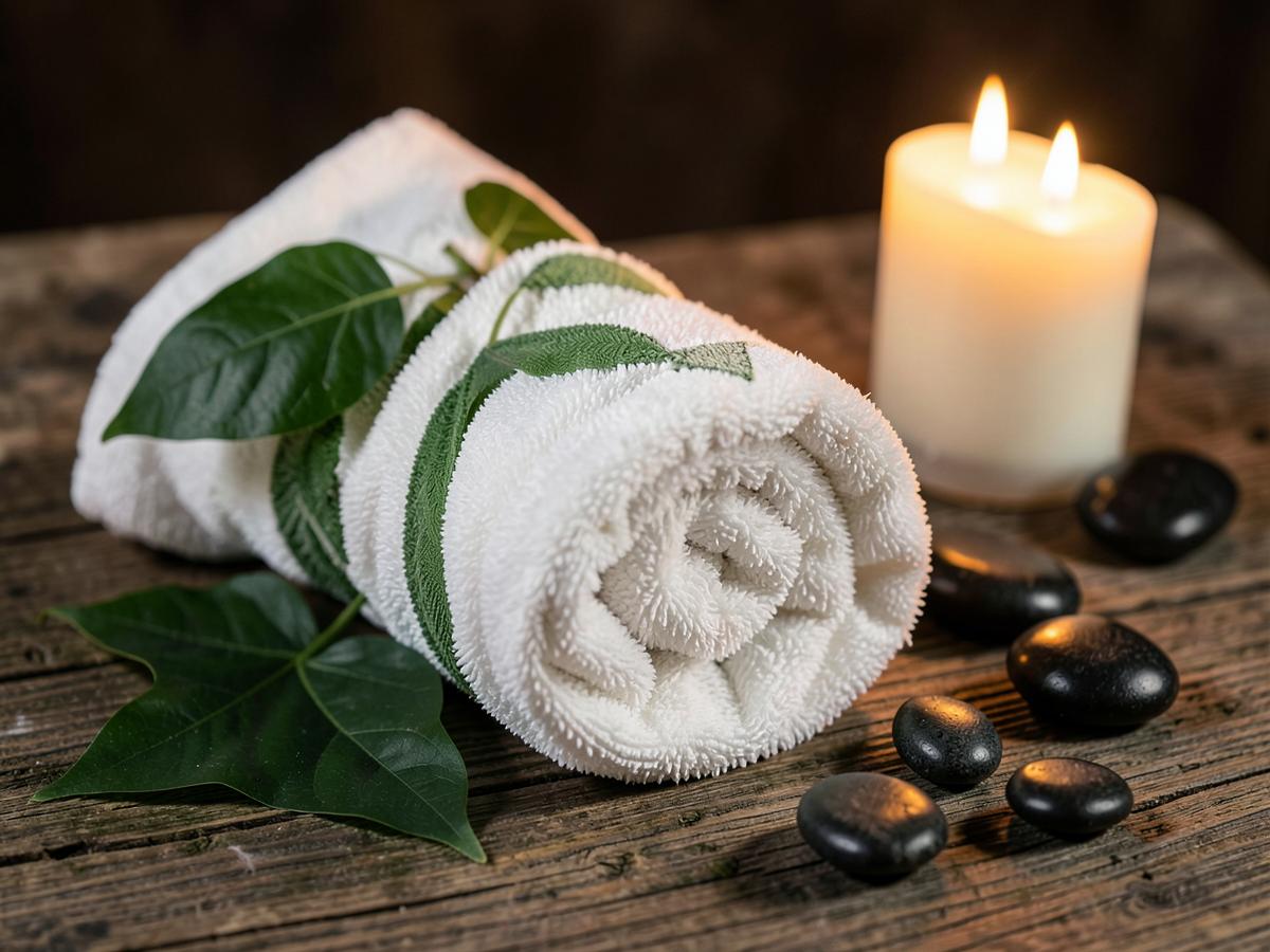 Rolled towel with candles and hot stones